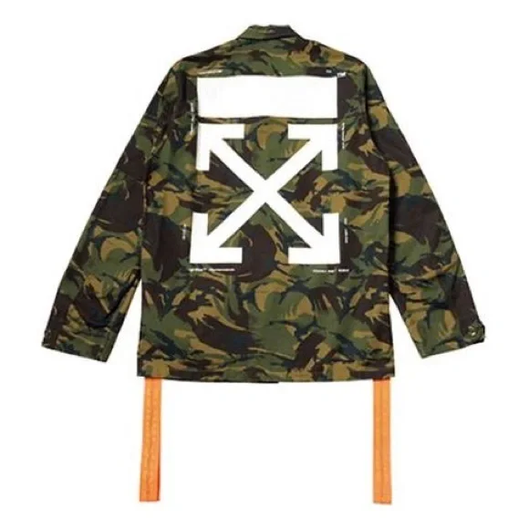 Off-White Camouflage Jacket with Patches and Orange Accents